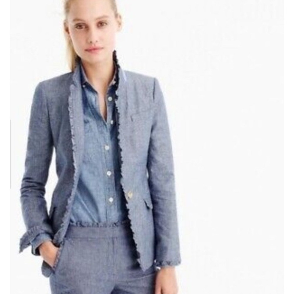 J.Crew Regent Blazer Chambray Blue Ruffle Trim Cotton Jacket G2638 Womens 4P NEW